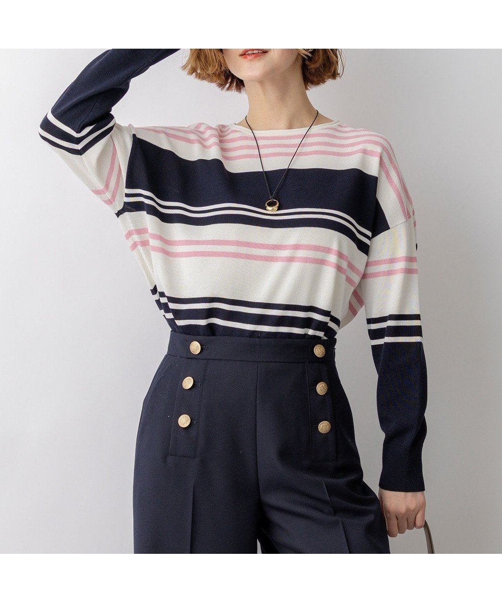 【23区/NIJYUSANKU】のコットンポリエステルストレッチ オーバーサイズ ニット インテリア・キッズ・メンズ・レディースファッション・服の通販 founy(ファニー) 　ファッション　Fashion　レディースファッション　Fashion for Women　トップス・カットソー　Cut & Sew Tops　ニット　Knit Tops & Sweaters　イエロー　Yellow　春　Spring　コンパクト　Compact, Small Size　スリット　Slit, Slit Detail　セーター　Sweater, Knitwear　チュニック　Tunic, Long Top　S/S・春夏　SS, Spring/Summer, Warm Season　夏　Summer　2026年　2026　ネイビー×ピンク系|ID: prp329100004921905 ipo3291000000036929777