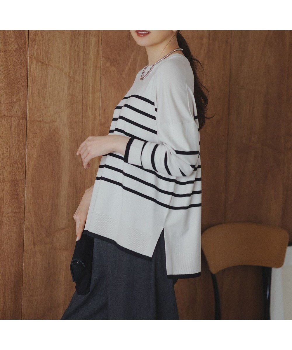 【アンフィーロ 自由区/UNFILO】のマイビューティニット ワイドクルーネック インテリア・キッズ・メンズ・レディースファッション・服の通販 founy(ファニー) 　ファッション　Fashion　レディースファッション　Fashion for Women　トップス・カットソー　Cut & Sew Tops　ニット　Knit Tops & Sweaters　ウォッシャブル　Machine Washable　抗菌　Antibacterial, Bacteria-Resistant　セーター　Sweater, Knitwear　ツイスト　Tweed, Tweed Fabric　トレンド　Trend, Trending Now　人気　Popular, Best Seller　ブロック　Block, Solid Block Pattern　ヘムライン　Hemline, Bottom Cut　ボトム　Bottoms, Lower Wear　ボーダー　Border, Stripe　モダン　Modern, Contemporary　無地　Plain, Solid Color　ワイド　Wide, Wide Fit　A/W・秋冬　Autumn/Winter　グレージュボーダー|ID: prp329100004925180 ipo3291000000036957847