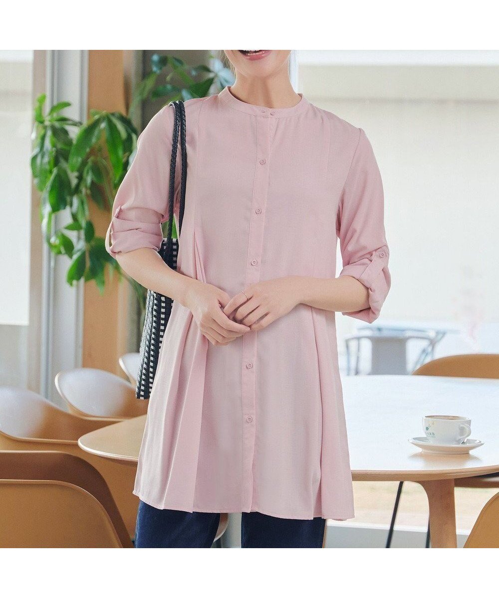 【ティアクラッセ/Tiaclasse】の【新色追加】バンドカラーシャツチュニックブラウス インテリア・キッズ・メンズ・レディースファッション・服の通販 founy(ファニー) 　ファッション　Fashion　レディースファッション　Fashion for Women　トップス・カットソー　Cut & Sew Tops　シャツ・ブラウス・オフィスカジュアル　Elegant Blouses & Button-Ups　アクセサリー　Fashion Accessories　ウォッシャブル　Machine Washable　春　Spring　洗える　Machine Washable　秋　Autumn　カーディガン　Cardigan, Knitwear　シャンブレー　Chambray, Denim-Like Fabric　シンプル　Simple, Minimal　ストライプ　Stripe, Striped Pattern　チュニック　Tunic, Long Top　長袖　Long Sleeve, Full Sleeve　フレア　Flare, Flared　フロント　Front, Front Design　ポケット　Pocket, Pocket Detail　ロング　Long, Long-Length　ロールアップ　Roll-Up, Cuffed Hem　S/S・春夏　SS, Spring/Summer, Warm Season　再入荷　Restock / Back in Stock　夏　Summer　エレガント 上品　Elegant　新作・新入荷　New Arrivals / New In　ピンク|ID: prp329100004925227 ipo3291000000036958606