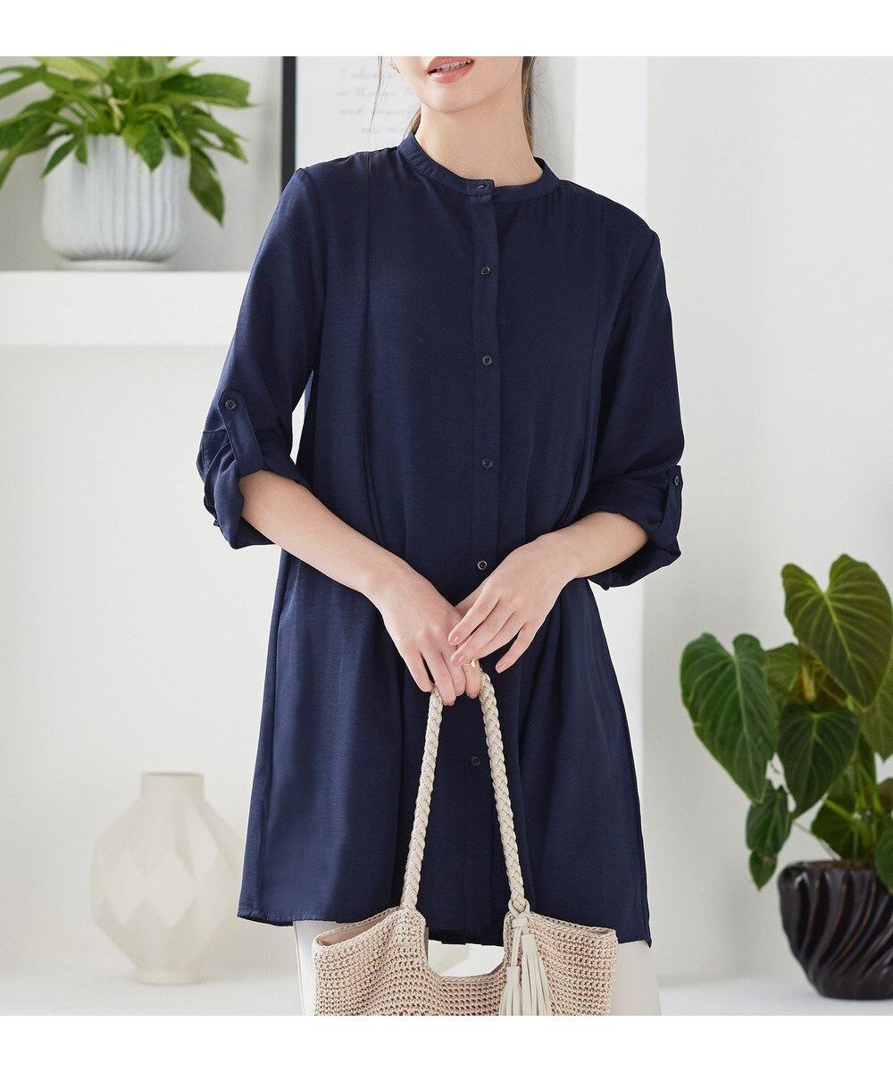 【ティアクラッセ/Tiaclasse】の【新色追加】バンドカラーシャツチュニックブラウス インテリア・キッズ・メンズ・レディースファッション・服の通販 founy(ファニー) 　ファッション　Fashion　レディースファッション　Fashion for Women　トップス・カットソー　Cut & Sew Tops　シャツ・ブラウス・オフィスカジュアル　Elegant Blouses & Button-Ups　アクセサリー　Fashion Accessories　ウォッシャブル　Machine Washable　春　Spring　洗える　Machine Washable　秋　Autumn　カーディガン　Cardigan, Knitwear　シャンブレー　Chambray, Denim-Like Fabric　シンプル　Simple, Minimal　ストライプ　Stripe, Striped Pattern　チュニック　Tunic, Long Top　長袖　Long Sleeve, Full Sleeve　フレア　Flare, Flared　フロント　Front, Front Design　ポケット　Pocket, Pocket Detail　ロング　Long, Long-Length　ロールアップ　Roll-Up, Cuffed Hem　S/S・春夏　SS, Spring/Summer, Warm Season　再入荷　Restock / Back in Stock　夏　Summer　エレガント 上品　Elegant　新作・新入荷　New Arrivals / New In　ネイビー|ID: prp329100004925227 ipo3291000000036958609