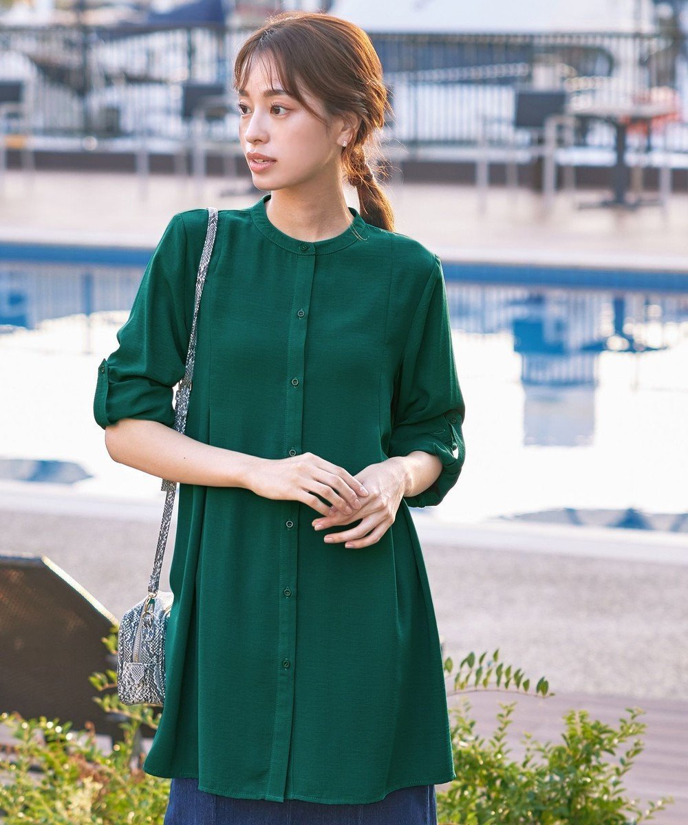 【ティアクラッセ/Tiaclasse】の【新色追加】バンドカラーシャツチュニックブラウス インテリア・キッズ・メンズ・レディースファッション・服の通販 founy(ファニー) 　ファッション　Fashion　レディースファッション　Fashion for Women　トップス・カットソー　Cut & Sew Tops　シャツ・ブラウス・オフィスカジュアル　Elegant Blouses & Button-Ups　アクセサリー　Fashion Accessories　ウォッシャブル　Machine Washable　春　Spring　洗える　Machine Washable　秋　Autumn　カーディガン　Cardigan, Knitwear　シャンブレー　Chambray, Denim-Like Fabric　シンプル　Simple, Minimal　ストライプ　Stripe, Striped Pattern　チュニック　Tunic, Long Top　長袖　Long Sleeve, Full Sleeve　フレア　Flare, Flared　フロント　Front, Front Design　ポケット　Pocket, Pocket Detail　ロング　Long, Long-Length　ロールアップ　Roll-Up, Cuffed Hem　S/S・春夏　SS, Spring/Summer, Warm Season　再入荷　Restock / Back in Stock　夏　Summer　エレガント 上品　Elegant　新作・新入荷　New Arrivals / New In　グリーン|ID: prp329100004925227 ipo3291000000036958611