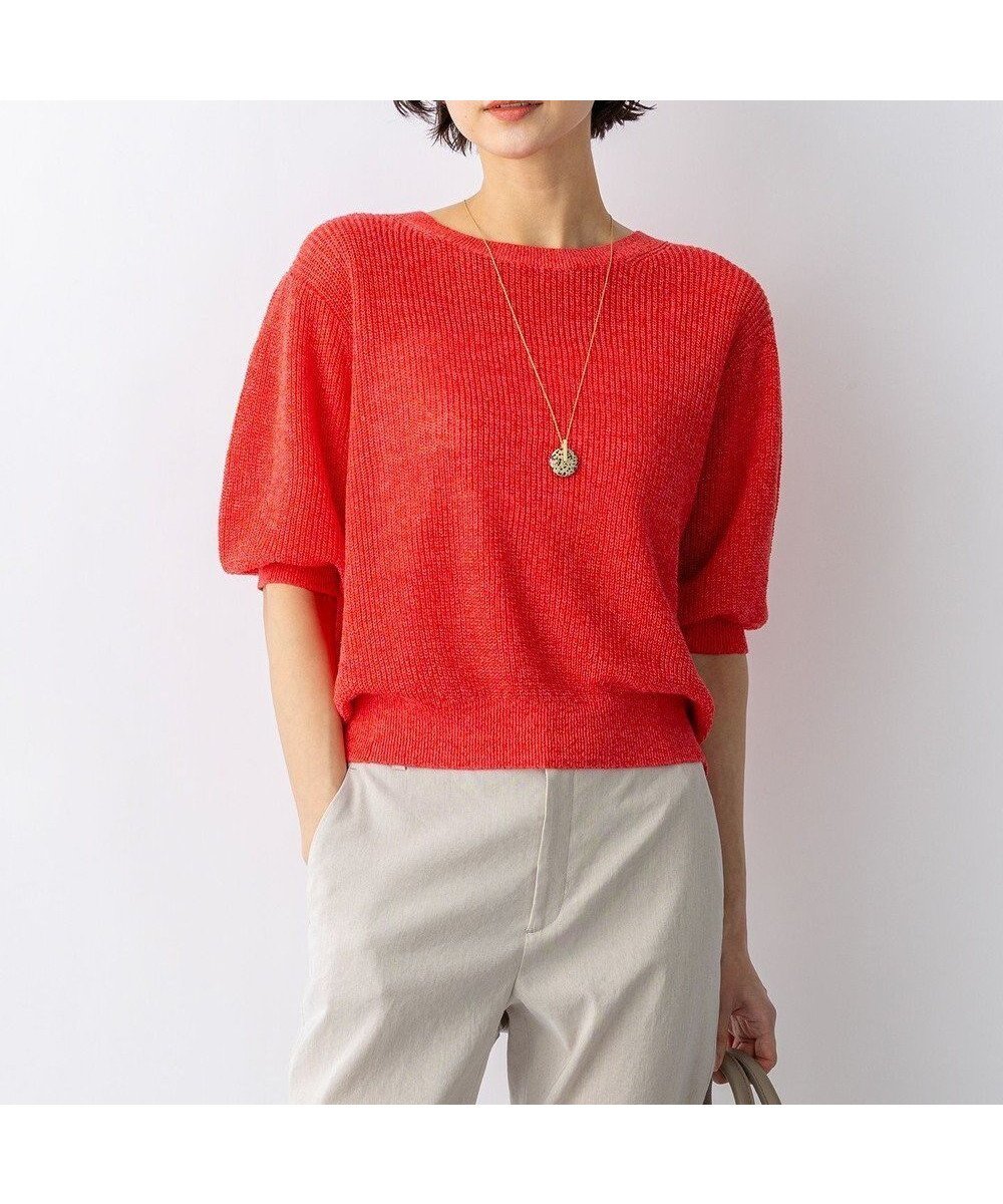 【23区/NIJYUSANKU】のピュアリネン パフスリーブ ニット インテリア・キッズ・メンズ・レディースファッション・服の通販 founy(ファニー) 　ファッション　Fashion　レディースファッション　Fashion for Women　トップス・カットソー　Cut & Sew Tops　ニット　Knit Tops & Sweaters　春　Spring　畦　Ribbed Knit　コンパクト　Compact, Small Size　スキッパー　Skipper, Open Collar　スリーブ　Sleeve, Long Sleeve / Short Sleeve　セーター　Sweater, Knitwear　デコルテ　Décolleté, Neckline　デニム　Denim, Jeans Material　ハーフ　Half, Half-Length　フェミニン　Feminine, Girly　リネン　Linen, Linen Fabric　S/S・春夏　SS, Spring/Summer, Warm Season　夏　Summer　エレガント 上品　Elegant　2026年　2026　レッド系|ID: prp329100004925304 ipo3291000000036959248