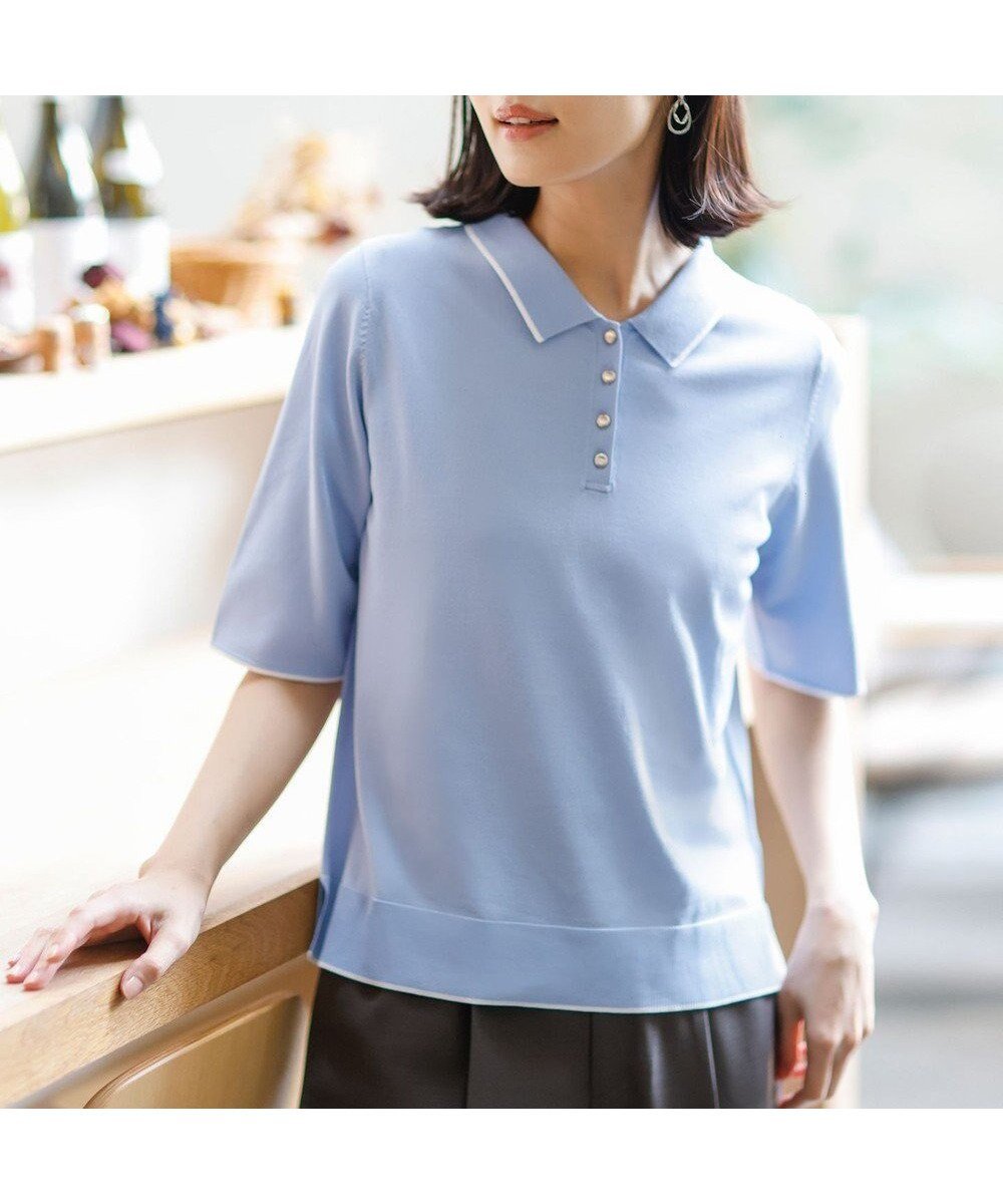 【エニィ スィス/any SiS】の【アイスタッチ】ポロ ニット インテリア・キッズ・メンズ・レディースファッション・服の通販 founy(ファニー) 　ファッション　Fashion　レディースファッション　Fashion for Women　トップス・カットソー　Cut & Sew Tops　ニット　Knit Tops & Sweaters　ストレッチ　Stretch, Stretchy Fabric　スリット　Slit, Slit Detail　スリーブ　Sleeve, Long Sleeve / Short Sleeve　セーター　Sweater, Knitwear　フレンチ　French, French Style　エレガント 上品　Elegant　夏　Summer　新作・新入荷　New Arrivals / New In　春　Spring　S/S・春夏　SS, Spring/Summer, Warm Season　ライトブルー×オフ|ID: prp329100004926367 ipo3291000000036964941