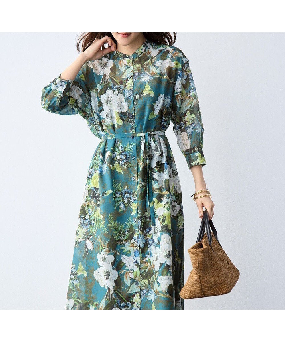 【自由区/JIYU-KU】の【SHIHOさん着用】ボタニカルプリント ワンピース インテリア・キッズ・メンズ・レディースファッション・服の通販 founy(ファニー) 　ファッション　Fashion　レディースファッション　Fashion for Women　ワンピース　Dresses　シャツワンピース / 1枚で着映えコーデ　Shirt Dresses　シアー　Sheer, See-Through　シンプル　Simple, Minimal　ドロップ　Drop Shoulder, Dropped Style　フォルム　Silhouette, Form　フレア　Flare, Flared　プリント　Print, Printed Pattern　ボタニカル　Botanical, Floral Pattern　リボン　Ribbon, Bow　夏　Summer　春　Spring　S/S・春夏　SS, Spring/Summer, Warm Season　ターコイズ系|ID: prp329100004926414 ipo3291000000036965152