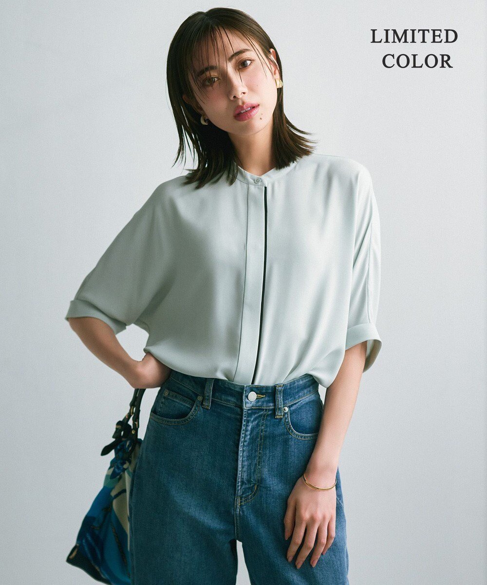 【アイシービー/iCB】の【人気のため新色追加・接触冷感・UVケア・速乾・洗える】BackSatinAmunzen 5分袖バンドカラーブラウス インテリア・キッズ・メンズ・レディースファッション・服の通販 founy(ファニー) 　ファッション　Fashion　レディースファッション　Fashion for Women　トップス・カットソー　Cut & Sew Tops　シャツ・ブラウス・オフィスカジュアル　Elegant Blouses & Button-Ups　春　Spring　洗える　Machine Washable　サテン　Satin, Glossy Fabric　人気　Popular, Best Seller　ハイネック　High Neck, Mock Neck　プリント　Print, Printed Pattern　ワーク　Workwear, Utility Style　S/S・春夏　SS, Spring/Summer, Warm Season　夏　Summer　2025年　2025　2025春夏・S/S　Spring/Summer 2025 SS25　アッシュブルー系[WEB限定]|ID: prp329100004926439 ipo3291000000036965288