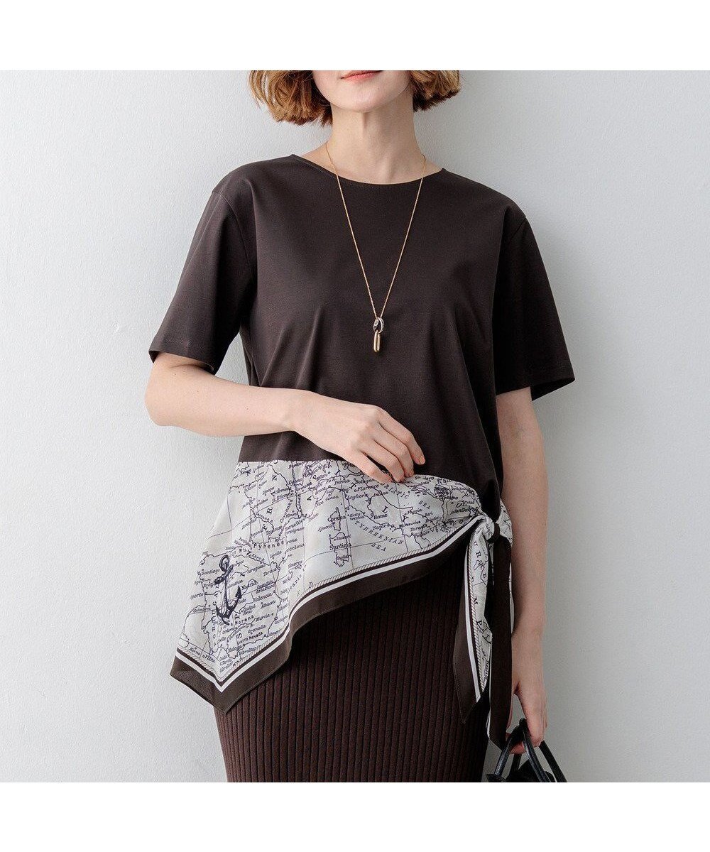 【23区/NIJYUSANKU】のスカーフコンビジャージー ウエストデザイン カットソー インテリア・キッズ・メンズ・レディースファッション・服の通販 founy(ファニー) 　ファッション　Fashion　レディースファッション　Fashion for Women　トップス・カットソー　Cut & Sew Tops　シャツ・ブラウス・オフィスカジュアル　Elegant Blouses & Button-Ups　ロングTシャツ・Tシャツ　Longline T-Shirts & Tees　カットソー・ベーシックTシャツ　Cut-and-Sewn Tops / Stretch Tees & Basics　春　Spring　カットソー　Cut and Sewn Top　カーディガン　Cardigan, Knitwear　シンプル　Simple, Minimal　スカーフ　Scarf, Neckwear　タイトスカート　Pencil Skirt, Tight Skirt　デニム　Denim, Jeans Material　トレンド　Trend, Trending Now　ドッキング　Docking, Mixed Material　パターン　Pattern, Design Print　プリント　Print, Printed Pattern　S/S・春夏　SS, Spring/Summer, Warm Season　おすすめ　Recommended / Our Picks　夏　Summer　2026年　2026　ブラウン×ブラウン|ID: prp329100004926818 ipo3291000000036968129