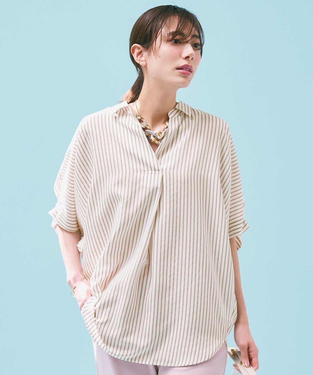 【エニー/ANY】の【新色追加】スキッパーネック袖タックブラウス インテリア・キッズ・メンズ・レディースファッション・服の通販 founy(ファニー) 　ファッション　Fashion　レディースファッション　Fashion for Women　トップス・カットソー　Cut & Sew Tops　シャツ・ブラウス・オフィスカジュアル　Elegant Blouses & Button-Ups　スキッパー　Skipper, Open Collar　ストライプ　Stripe, Striped Pattern　デニム　Denim, Jeans Material　フェミニン　Feminine, Girly　夏　Summer　春　Spring　S/S・春夏　SS, Spring/Summer, Warm Season　無地　Plain, Solid Color　ベージュストライプ|ID: prp329100004926850 ipo3291000000036968347