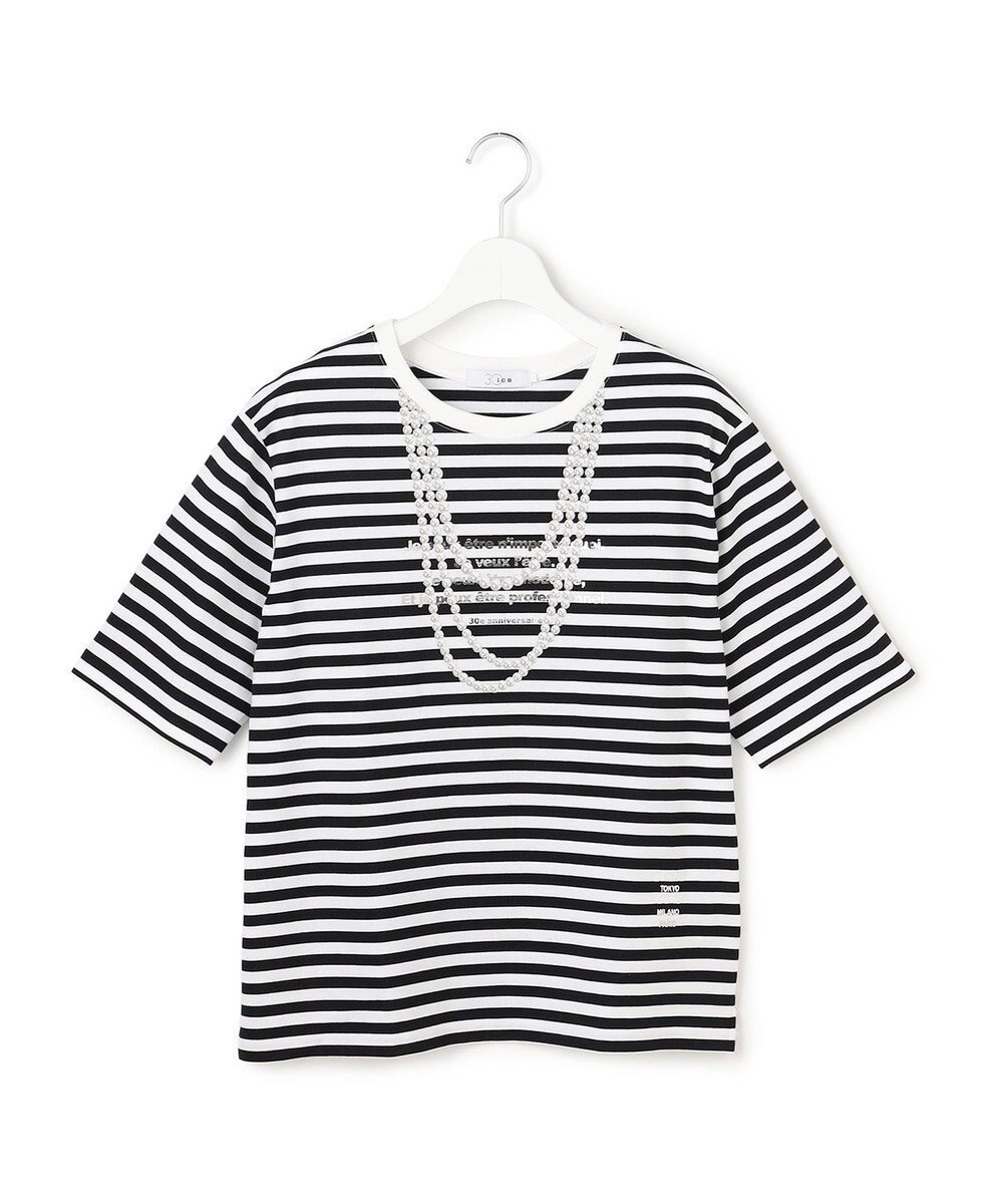 【アイシービー/iCB】の【30th ANNIVERSARY】 PARIS ボーダーTシャツ インテリア・キッズ・メンズ・レディースファッション・服の通販 founy(ファニー) 　ファッション　Fashion　レディースファッション　Fashion for Women　トップス・カットソー　Cut & Sew Tops　シャツ・ブラウス・オフィスカジュアル　Elegant Blouses & Button-Ups　ロングTシャツ・Tシャツ　Longline T-Shirts & Tees　カットソー・ベーシックTシャツ　Cut-and-Sewn Tops / Stretch Tees & Basics　春　Spring　カットソー　Cut and Sewn Top　ネックレス　Necklace, Pendant Necklace　パール　Pearl, Pearl Accent　フロント　Front, Front Design　プリント　Print, Printed Pattern　ボーダー　Border, Stripe　S/S・春夏　SS, Spring/Summer, Warm Season　夏　Summer　エレガント 上品　Elegant　2025年　2025　2025-2026秋冬・A/W　Autumn/Winter 2025–26 AW25–26　2026年　2026　ブラック×オフホワイト|ID: prp329100004932240 ipo3291000000037019591