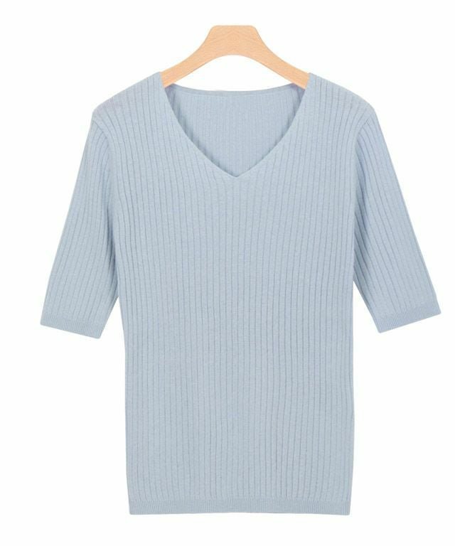 【ピエロ/Pierrot】の【アウトレットSALE!】選べるネック綿混半袖リブニット インテリア・キッズ・メンズ・レディースファッション・服の通販 founy(ファニー) 　ファッション　Fashion　レディースファッション　Fashion for Women　トップス・カットソー　Cut & Sew Tops　ニット　Knit Tops & Sweaters　アウトレット　Outlet / Clearance　シンプル　Simple, Minimal　プチプライス・低価格　Affordable / Budget Price　リブニット　Rib Knit, Ribbed Knit　半袖　Short Sleeve, Half Sleeve　スモークブルー|ID: prp329100001119582 ipo3291000000035807536