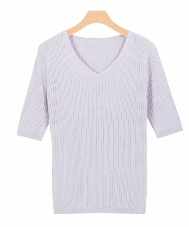 【ピエロ/Pierrot】の【アウトレットSALE!】選べるネック綿混半袖リブニット インテリア・キッズ・メンズ・レディースファッション・服の通販 founy(ファニー) 　ファッション　Fashion　レディースファッション　Fashion for Women　トップス・カットソー　Cut & Sew Tops　ニット　Knit Tops & Sweaters　アウトレット　Outlet / Clearance　シンプル　Simple, Minimal　プチプライス・低価格　Affordable / Budget Price　リブニット　Rib Knit, Ribbed Knit　半袖　Short Sleeve, Half Sleeve　ラベンダー|ID: prp329100001119582 ipo3291000000035807538