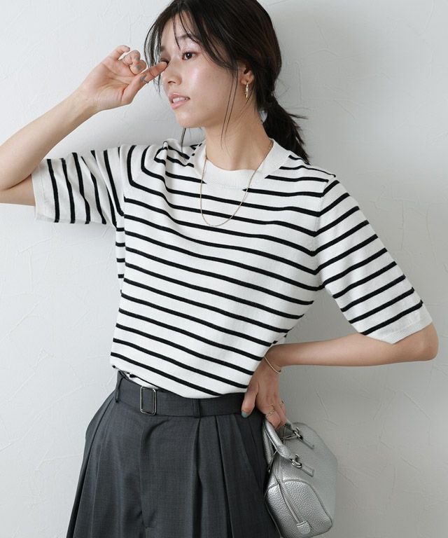 【ピエロ/Pierrot】のシルクタッチウォッシャブル半袖ニット インテリア・キッズ・メンズ・レディースファッション・服の通販 founy(ファニー) 　ファッション　Fashion　レディースファッション　Fashion for Women　トップス・カットソー　Cut & Sew Tops　ニット　Knit Tops & Sweaters　ウォッシャブル　Machine Washable　シルク　Silk, 100% Silk　シンプル　Simple, Minimal　プチプライス・低価格　Affordable / Budget Price　エレガント 上品　Elegant　半袖　Short Sleeve, Half Sleeve　吸水　Absorbent, Quick-Dry　167cm / オフホワイト×ブラック / M|ID: prp329100001354982 ipo3291000000036274675