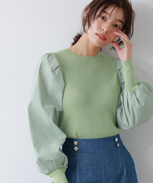 【ピエロ/Pierrot】のUVカット・シルクタッチ布帛切り替えボリュームスリーブニット インテリア・キッズ・メンズ・レディースファッション・服の通販 founy(ファニー) 　ファッション　Fashion　レディースファッション　Fashion for Women　トップス・カットソー　Cut & Sew Tops　ニット　Knit Tops & Sweaters　ボリューム袖・フリルスリーブブラウス　Voluminous & Ruffle Sleeves / Puffy Sleeve Tops　プチプライス・低価格　Affordable / Budget Price　167cm / ペールミント / M|ID: prp329100002194044 ipo3291000000036068312