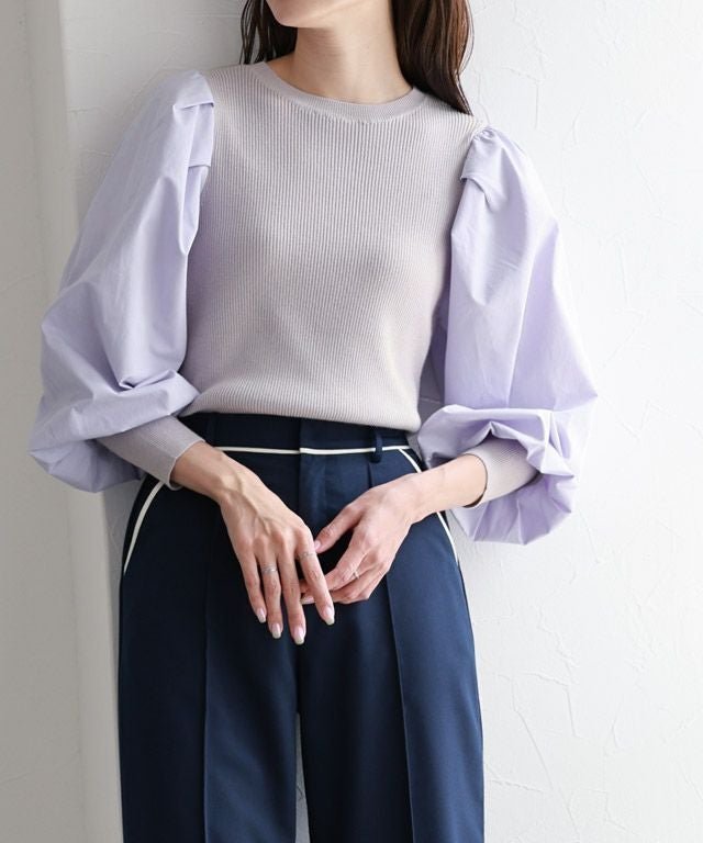 【ピエロ/Pierrot】のUVカット・シルクタッチ布帛切り替えボリュームスリーブニット インテリア・キッズ・メンズ・レディースファッション・服の通販 founy(ファニー) 　ファッション　Fashion　レディースファッション　Fashion for Women　トップス・カットソー　Cut & Sew Tops　ニット　Knit Tops & Sweaters　ボリューム袖・フリルスリーブブラウス　Voluminous & Ruffle Sleeves / Puffy Sleeve Tops　プチプライス・低価格　Affordable / Budget Price　165cm / アイスラベンダーグレー / M|ID: prp329100002194044 ipo3291000000036068314
