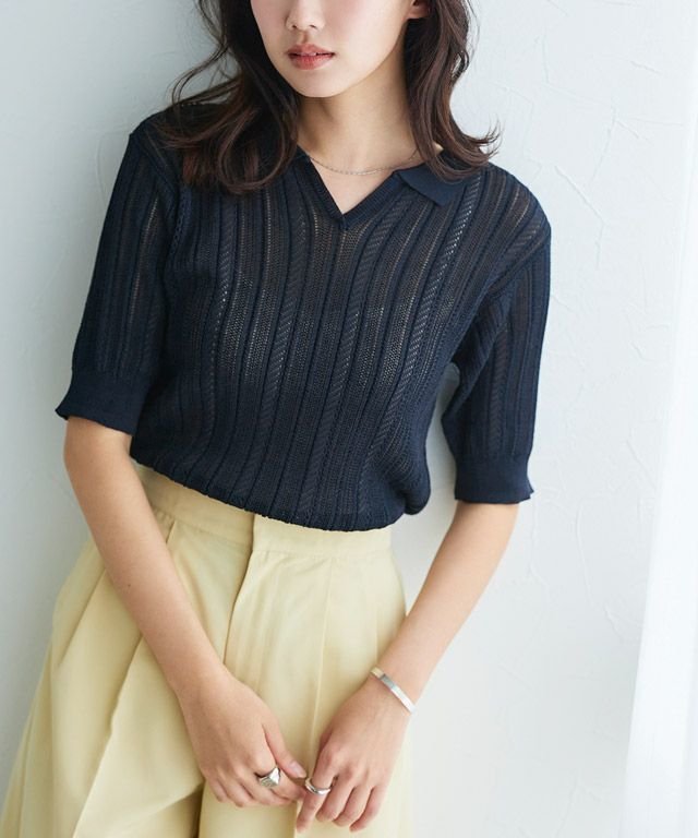 【ピエロ/Pierrot】のリネンタッチポロニット インテリア・キッズ・メンズ・レディースファッション・服の通販 founy(ファニー) ファッション Fashion レディースファッション Fashion for Women トップス・カットソー Cut & Sew Tops ニット Knit Tops & Sweaters コンパクト Compact, Small Size プチプライス・低価格 Affordable / Budget Price 夏 Summer 透かし Cut-Out, Lacework 162cm / ダークネイビー / M|ID: prp329100002399294 ipo3291000000032089198