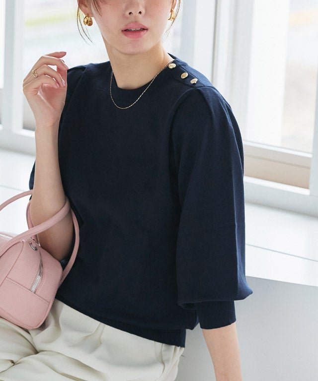 【ピエロ/Pierrot】のゴールドボタンパフスリーブニット インテリア・キッズ・メンズ・レディースファッション・服の通販 founy(ファニー) ファッション Fashion レディースファッション Fashion for Women トップス・カットソー Cut & Sew Tops ニット Knit Tops & Sweaters コンパクト Compact, Small Size シンプル Simple, Minimal スリーブ Sleeve, Long Sleeve / Short Sleeve ダウン Down, Puffer デニム Denim, Jeans Material バランス Balance, Style Balance プチプライス・低価格 Affordable / Budget Price ワイド Wide, Wide Fit 167cm / ネイビー / M|ID: prp329100002800635 ipo3291000000036039314