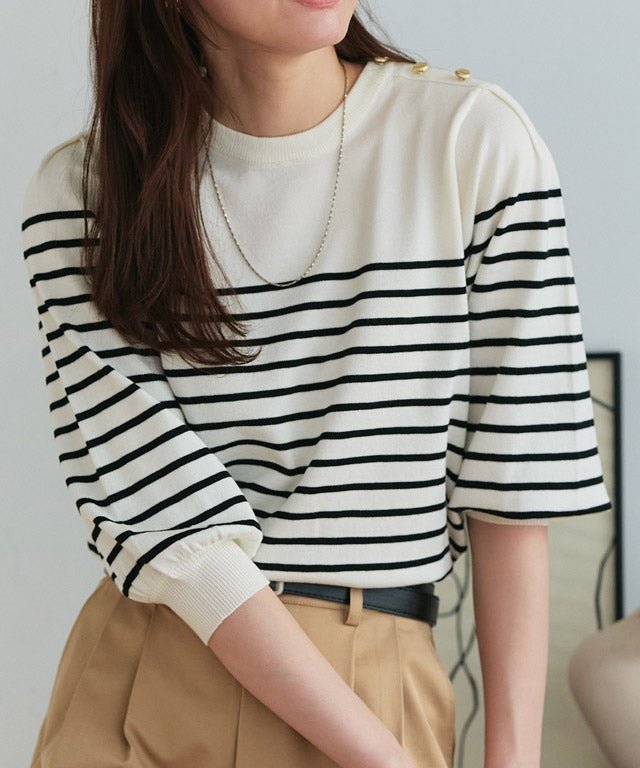 【ピエロ/Pierrot】のゴールドボタンパフスリーブニット インテリア・キッズ・メンズ・レディースファッション・服の通販 founy(ファニー) ファッション Fashion レディースファッション Fashion for Women トップス・カットソー Cut & Sew Tops ニット Knit Tops & Sweaters コンパクト Compact, Small Size シンプル Simple, Minimal スリーブ Sleeve, Long Sleeve / Short Sleeve ダウン Down, Puffer デニム Denim, Jeans Material バランス Balance, Style Balance プチプライス・低価格 Affordable / Budget Price ワイド Wide, Wide Fit 167cm / オフホワイト×ブラック / M|ID: prp329100002800635 ipo3291000000036039320