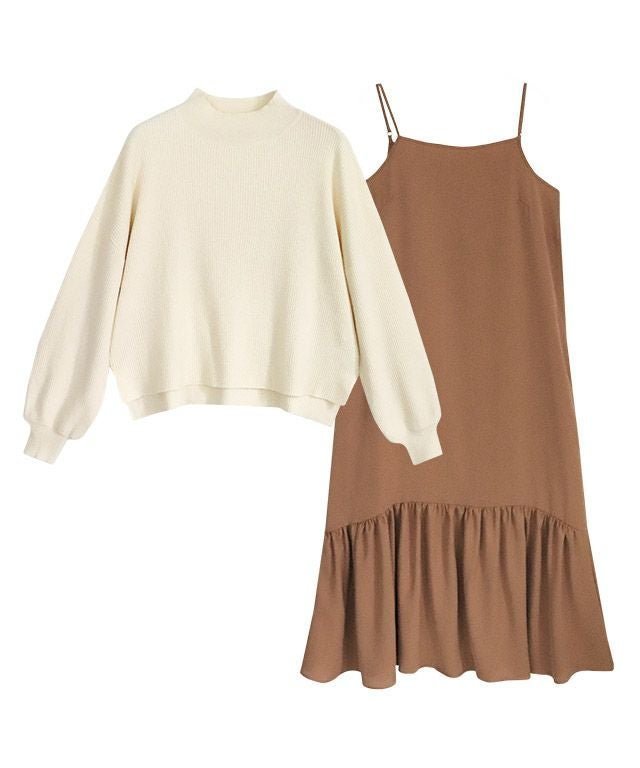 【ピエロ/Pierrot】の【アウトレットSALE!】キャミワンピースセットハイネックニットプルオーバー インテリア・キッズ・メンズ・レディースファッション・服の通販 founy(ファニー) ファッション Fashion レディースファッション Fashion for Women ワンピース Dresses キャミソールワンピース Camisole Dresses スーツ Business Suits & Workwear スーツセット・2点セット・レディーススーツ Suit Sets / 2-Piece Suits / Office Suit Sets アウトレット Outlet / Clearance キャミワンピース Cami Dress, Slip Dress コンパクト Compact, Small Size スリーブ Sleeve, Long Sleeve / Short Sleeve スーツ Suit, Formalwear バランス Balance, Style Balance プチプライス・低価格 Affordable / Budget Price ヘムライン Hemline, Bottom Cut ランダム Random, Irregular リブニット Rib Knit, Ribbed Knit アイボリー×キャメル|ID: prp329100002812435 ipo3291000000036044800