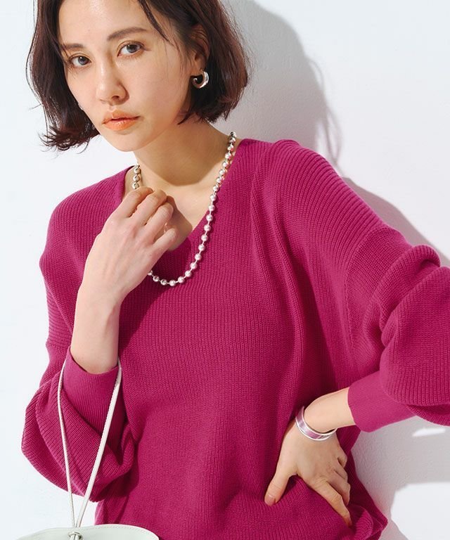 【ピエロ/Pierrot】のRASW 綿100%Vネックニット インテリア・キッズ・メンズ・レディースファッション・服の通販 founy(ファニー) 　ファッション　Fashion　レディースファッション　Fashion for Women　トップス・カットソー　Cut & Sew Tops　ニット　Knit Tops & Sweaters　Vネックトップス　V-Neck Tops / V-Cut Neckline Shirts　デコルテ　Décolleté, Neckline　プチプライス・低価格　Affordable / Budget Price　ロング　Long, Long-Length　畦　Ribbed Knit　マゼンタピンク|ID: prp329100003118569 ipo3291000000036046354