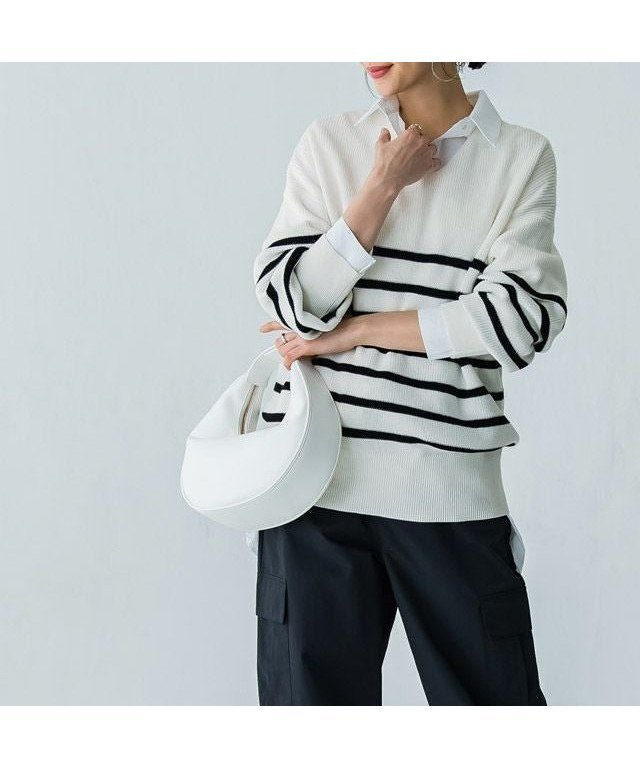 【ピエロ/Pierrot】のRASW 綿100%Vネックニット インテリア・キッズ・メンズ・レディースファッション・服の通販 founy(ファニー) 　ファッション　Fashion　レディースファッション　Fashion for Women　トップス・カットソー　Cut & Sew Tops　ニット　Knit Tops & Sweaters　Vネックトップス　V-Neck Tops / V-Cut Neckline Shirts　デコルテ　Décolleté, Neckline　プチプライス・低価格　Affordable / Budget Price　ロング　Long, Long-Length　畦　Ribbed Knit　オフホワイト×ブラック|ID: prp329100003118569 ipo3291000000036046357