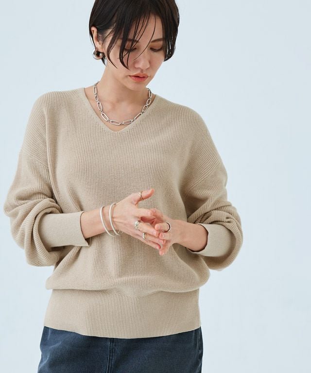 【ピエロ/Pierrot】のRASW 綿100%Vネックニット インテリア・キッズ・メンズ・レディースファッション・服の通販 founy(ファニー) 　ファッション　Fashion　レディースファッション　Fashion for Women　トップス・カットソー　Cut & Sew Tops　ニット　Knit Tops & Sweaters　Vネックトップス　V-Neck Tops / V-Cut Neckline Shirts　デコルテ　Décolleté, Neckline　プチプライス・低価格　Affordable / Budget Price　ロング　Long, Long-Length　畦　Ribbed Knit　ライトベージュ|ID: prp329100003118569 ipo3291000000036046360
