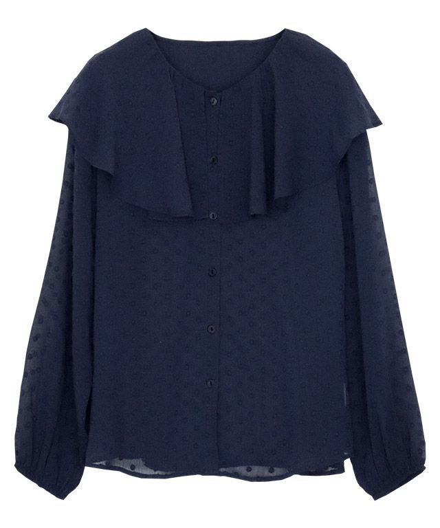 【ピエロ/Pierrot】の【アウトレットSALE!】シアードットフリルカラーブラウス インテリア・キッズ・メンズ・レディースファッション・服の通販 founy(ファニー) 　ファッション　Fashion　レディースファッション　Fashion for Women　トップス・カットソー　Cut & Sew Tops　シャツ・ブラウス・オフィスカジュアル　Elegant Blouses & Button-Ups　アウトレット　Outlet / Clearance　シアー　Sheer, See-Through　デコルテ　Décolleté, Neckline　フェミニン　Feminine, Girly　フリル　Frill, Ruffle　プチプライス・低価格　Affordable / Budget Price　ネイビー|ID: prp329100003118581 ipo3291000000033333467