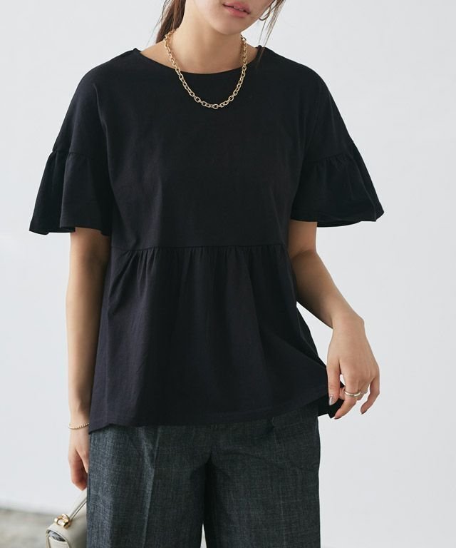 【ピエロ/Pierrot】の綿100% ギャザーフリルスリーブTシャツ インテリア・キッズ・メンズ・レディースファッション・服の通販 founy(ファニー) 　ファッション　Fashion　レディースファッション　WOMEN　トップス・カットソー　Tops/Tshirt　シャツ/ブラウス　Shirts/Blouses　ロング / Tシャツ　T-Shirts　送料無料　Free Shipping　ギャザー　Gather　フェミニン　Feminine　プチプライス・低価格　Affordable　再入荷　Restock/Back In Stock/Re Arrival　166cm / ブラック / M|ID: prp329100003207995 ipo3291000000031172832