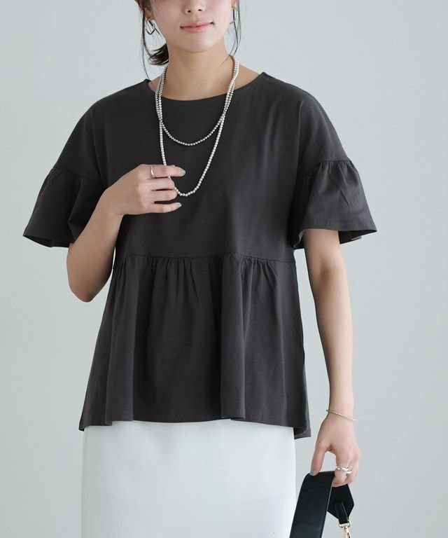 【ピエロ/Pierrot】の綿100% ギャザーフリルスリーブTシャツ インテリア・キッズ・メンズ・レディースファッション・服の通販 founy(ファニー) 　ファッション　Fashion　レディースファッション　WOMEN　トップス・カットソー　Tops/Tshirt　シャツ/ブラウス　Shirts/Blouses　ロング / Tシャツ　T-Shirts　送料無料　Free Shipping　ギャザー　Gather　フェミニン　Feminine　プチプライス・低価格　Affordable　再入荷　Restock/Back In Stock/Re Arrival　167cm / チャコール / M|ID: prp329100003207995 ipo3291000000031172837