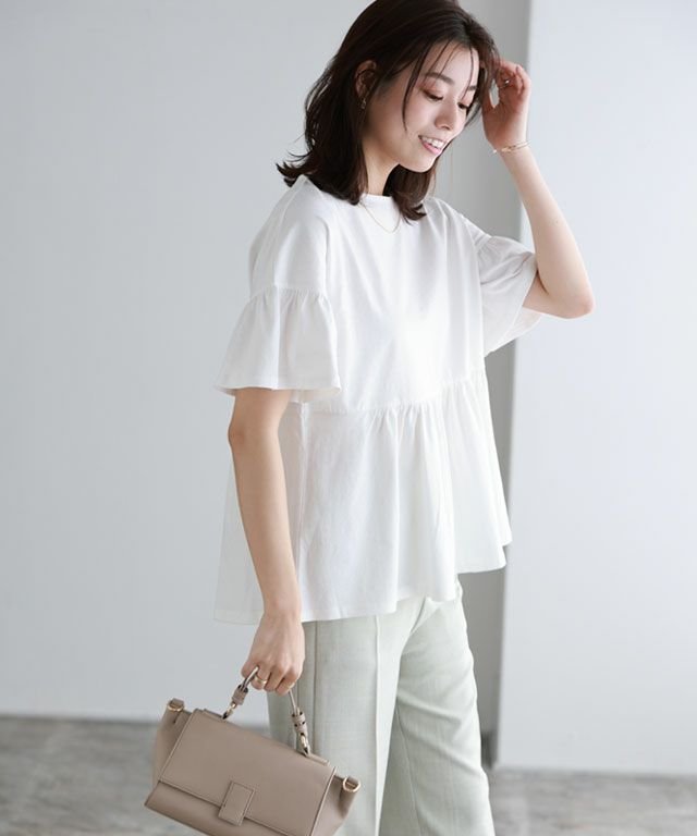 【ピエロ/Pierrot】の綿100% ギャザーフリルスリーブTシャツ インテリア・キッズ・メンズ・レディースファッション・服の通販 founy(ファニー) 　ファッション　Fashion　レディースファッション　WOMEN　トップス・カットソー　Tops/Tshirt　シャツ/ブラウス　Shirts/Blouses　ロング / Tシャツ　T-Shirts　送料無料　Free Shipping　ギャザー　Gather　フェミニン　Feminine　プチプライス・低価格　Affordable　再入荷　Restock/Back In Stock/Re Arrival　167cm / オフホワイト / M|ID: prp329100003207995 ipo3291000000031172838