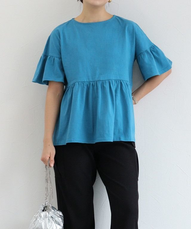 【ピエロ/Pierrot】の綿100% ギャザーフリルスリーブTシャツ インテリア・キッズ・メンズ・レディースファッション・服の通販 founy(ファニー) 　ファッション　Fashion　レディースファッション　WOMEN　トップス・カットソー　Tops/Tshirt　シャツ/ブラウス　Shirts/Blouses　ロング / Tシャツ　T-Shirts　送料無料　Free Shipping　ギャザー　Gather　フェミニン　Feminine　プチプライス・低価格　Affordable　再入荷　Restock/Back In Stock/Re Arrival　157cm / シアン / M|ID: prp329100003207995 ipo3291000000031172842