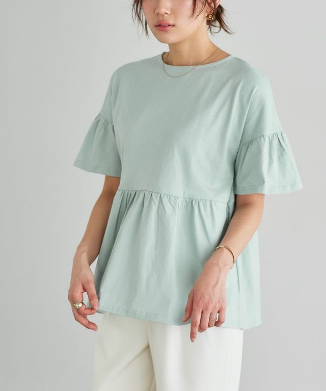 【ピエロ/Pierrot】の綿100% ギャザーフリルスリーブTシャツ インテリア・キッズ・メンズ・レディースファッション・服の通販 founy(ファニー) 　ファッション　Fashion　レディースファッション　WOMEN　トップス・カットソー　Tops/Tshirt　シャツ/ブラウス　Shirts/Blouses　ロング / Tシャツ　T-Shirts　送料無料　Free Shipping　ギャザー　Gather　フェミニン　Feminine　プチプライス・低価格　Affordable　再入荷　Restock/Back In Stock/Re Arrival　166cm / ミント / M|ID: prp329100003207995 ipo3291000000031172847