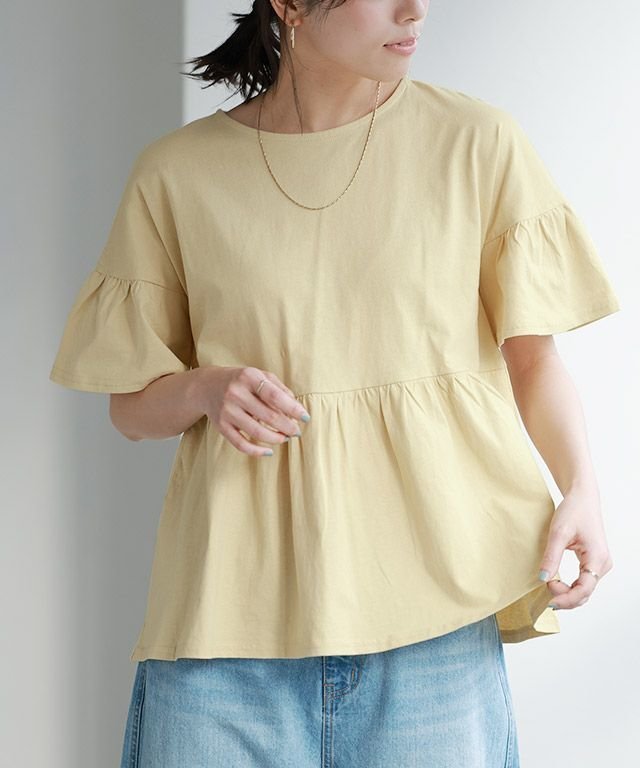 【ピエロ/Pierrot】の綿100% ギャザーフリルスリーブTシャツ インテリア・キッズ・メンズ・レディースファッション・服の通販 founy(ファニー) 　ファッション　Fashion　レディースファッション　WOMEN　トップス・カットソー　Tops/Tshirt　シャツ/ブラウス　Shirts/Blouses　ロング / Tシャツ　T-Shirts　送料無料　Free Shipping　ギャザー　Gather　フェミニン　Feminine　プチプライス・低価格　Affordable　再入荷　Restock/Back In Stock/Re Arrival　綿100% ギャザーフリルスリーブTシャツ|ID: prp329100003207995 ipo3291000000031172849