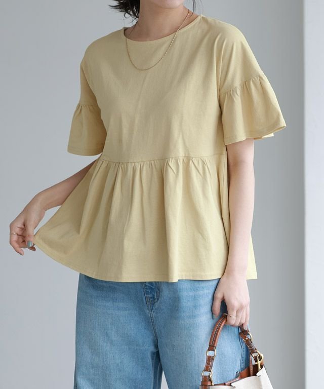 【ピエロ/Pierrot】の綿100% ギャザーフリルスリーブTシャツ インテリア・キッズ・メンズ・レディースファッション・服の通販 founy(ファニー) 　ファッション　Fashion　レディースファッション　Fashion for Women　トップス・カットソー　Cut & Sew Tops　シャツ・ブラウス・オフィスカジュアル　Elegant Blouses & Button-Ups　ロングTシャツ・Tシャツ　Longline T-Shirts & Tees　ギャザー　Gathered, Ruffled　フェミニン　Feminine, Girly　プチプライス・低価格　Affordable / Budget Price　167cm / クリームイエロー / M|ID: prp329100003207995 ipo3291000000035499897
