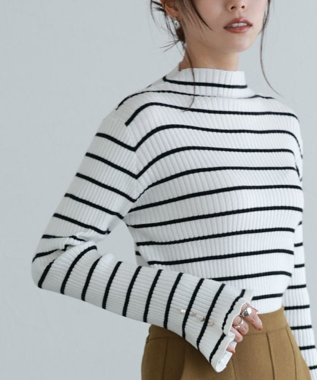 【ピエロ/Pierrot】の2wayフレアスリーブニット インテリア・キッズ・メンズ・レディースファッション・服の通販 founy(ファニー) 　ファッション　Fashion　レディースファッション　Fashion for Women　トップス・カットソー　Cut & Sew Tops　ニット　Knit Tops & Sweaters　インナー　Innerwear　シンプル　Simple, Minimal　スリーブ　Sleeve, Long Sleeve / Short Sleeve　トレンド　Trend, Trending Now　フレア　Flare, Flared　プチプライス・低価格　Affordable / Budget Price　オフホワイト×ブラック|ID: prp329100003721392 ipo3291000000035739796