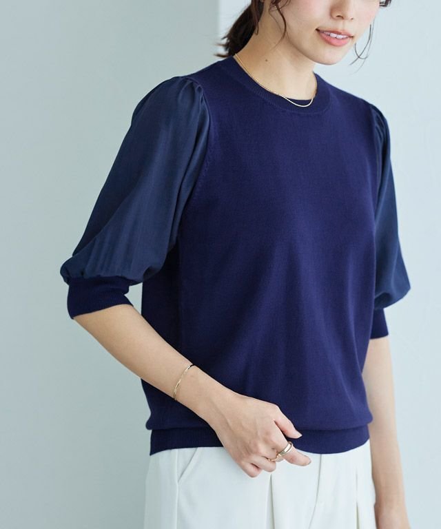 【ピエロ/Pierrot】のドッキングスリーブニット インテリア・キッズ・メンズ・レディースファッション・服の通販 founy(ファニー) 　ファッション　Fashion　レディースファッション　Fashion for Women　トップス・カットソー　Cut & Sew Tops　ニット　Knit Tops & Sweaters　シンプル　Simple, Minimal　ドッキング　Docking, Mixed Material　プチプライス・低価格　Affordable / Budget Price　ロング　Long, Long-Length　ネイビー|ID: prp329100003721447 ipo3291000000026983512