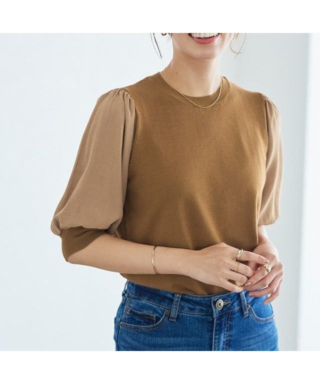 【ピエロ/Pierrot】のドッキングスリーブニット インテリア・キッズ・メンズ・レディースファッション・服の通販 founy(ファニー) 　ファッション　Fashion　レディースファッション　Fashion for Women　トップス・カットソー　Cut & Sew Tops　ニット　Knit Tops & Sweaters　シンプル　Simple, Minimal　ドッキング　Docking, Mixed Material　プチプライス・低価格　Affordable / Budget Price　ロング　Long, Long-Length　キャメル|ID: prp329100003721447 ipo3291000000026983514