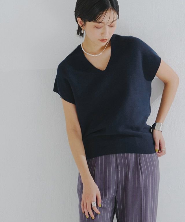 【ピエロ/Pierrot】のRASW 綿混Vネックフレンチニット インテリア・キッズ・メンズ・レディースファッション・服の通販 founy(ファニー) 　ファッション　Fashion　レディースファッション　Fashion for Women　トップス・カットソー　Cut & Sew Tops　ニット　Knit Tops & Sweaters　Vネックトップス　V-Neck Tops / V-Cut Neckline Shirts　スリーブ　Sleeve, Long Sleeve / Short Sleeve　フレンチ　French, French Style　プチプライス・低価格　Affordable / Budget Price　ネイビー|ID: prp329100003721482 ipo3291000000026195498