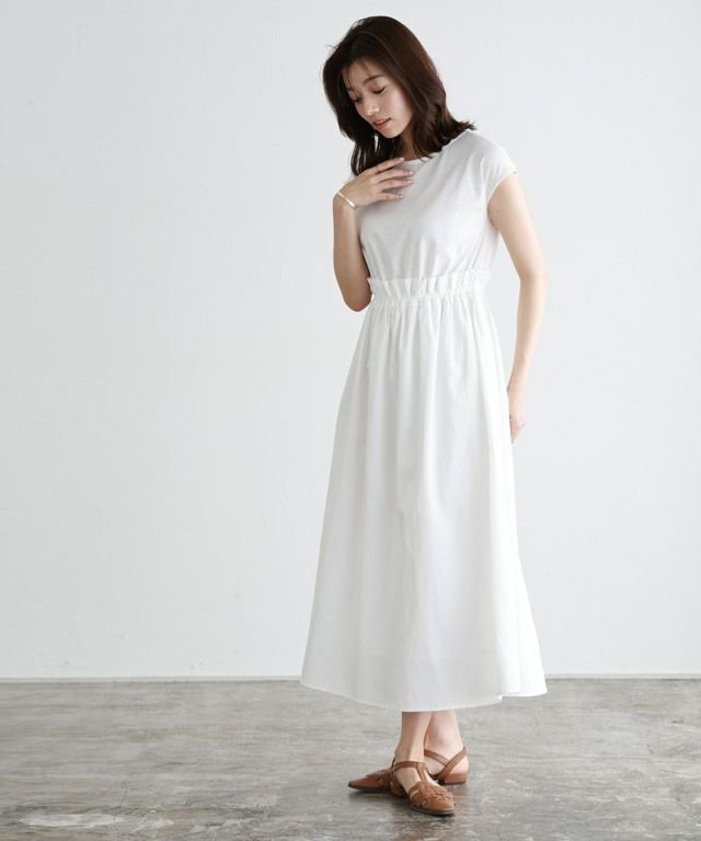 【ピエロ/Pierrot】のドッキングギャザーワンピース インテリア・キッズ・メンズ・レディースファッション・服の通販 founy(ファニー) 　ファッション　Fashion　レディースファッション　Fashion for Women　ワンピース　Dresses　カットソー　Cut and Sewn Top　カーディガン　Cardigan, Knitwear　スリーブ　Sleeve, Long Sleeve / Short Sleeve　ドッキング　Docking, Mixed Material　フリル　Frill, Ruffle　フレア　Flare, Flared　フレンチ　French, French Style　プチプライス・低価格　Affordable / Budget Price　エレガント 上品　Elegant　オフホワイト×オフホワイト|ID: prp329100003721499 ipo3291000000026739851
