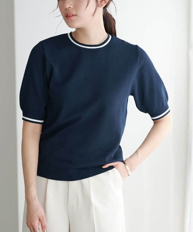 【ピエロ/Pierrot】のライン配色パフニット インテリア・キッズ・メンズ・レディースファッション・服の通販 founy(ファニー) 　ファッション　Fashion　レディースファッション　Fashion for Women　トップス・カットソー　Cut & Sew Tops　ニット　Knit Tops & Sweaters　インナー　Innerwear　スリーブ　Sleeve, Long Sleeve / Short Sleeve　トレンド　Trend, Trending Now　プチプライス・低価格　Affordable / Budget Price　ネイビー×オフホワイト|ID: prp329100003721556 ipo3291000000026195529