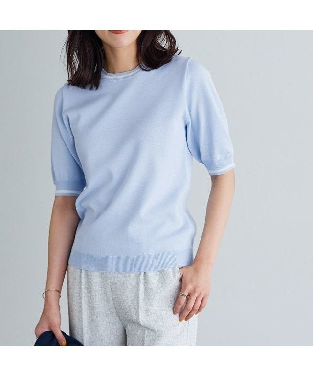 【ピエロ/Pierrot】のライン配色パフニット インテリア・キッズ・メンズ・レディースファッション・服の通販 founy(ファニー) 　ファッション　Fashion　レディースファッション　Fashion for Women　トップス・カットソー　Cut & Sew Tops　ニット　Knit Tops & Sweaters　インナー　Innerwear　スリーブ　Sleeve, Long Sleeve / Short Sleeve　トレンド　Trend, Trending Now　プチプライス・低価格　Affordable / Budget Price　サックス×オフホワイト|ID: prp329100003721556 ipo3291000000026195531