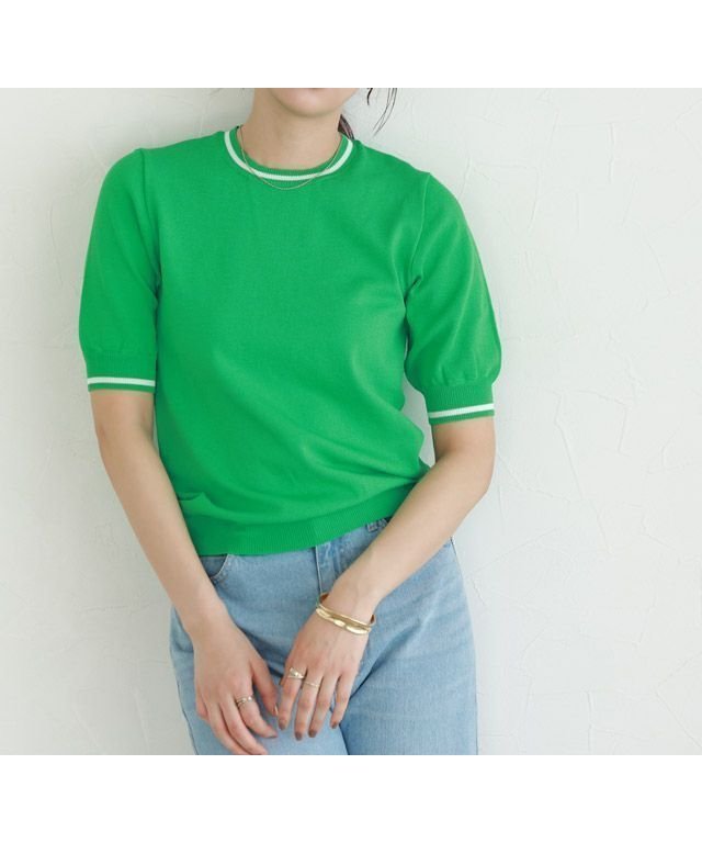 【ピエロ/Pierrot】のライン配色パフニット インテリア・キッズ・メンズ・レディースファッション・服の通販 founy(ファニー) 　ファッション　Fashion　レディースファッション　Fashion for Women　トップス・カットソー　Cut & Sew Tops　ニット　Knit Tops & Sweaters　インナー　Innerwear　スリーブ　Sleeve, Long Sleeve / Short Sleeve　トレンド　Trend, Trending Now　プチプライス・低価格　Affordable / Budget Price　グリーン×オフホワイト|ID: prp329100003721556 ipo3291000000026195533