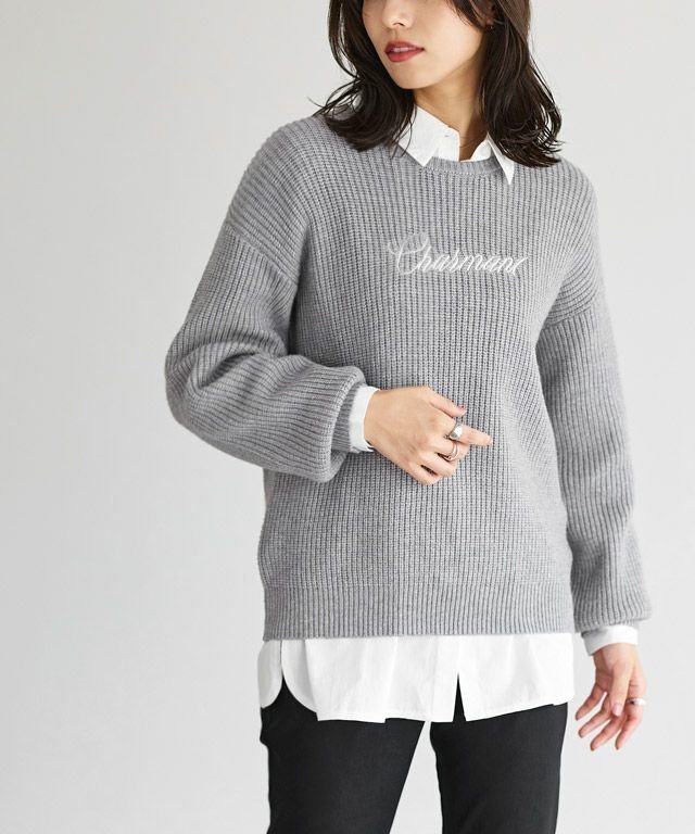 【ピエロ/Pierrot】の刺繍ロゴニット インテリア・キッズ・メンズ・レディースファッション・服の通販 founy(ファニー) 　ファッション　Fashion　レディースファッション　Fashion for Women　トップス・カットソー　Cut & Sew Tops　ニット　Knit Tops & Sweaters　プチプライス・低価格　Affordable / Budget Price　畦　Ribbed Knit　167cm / 杢グレー / M|ID: prp329100003783245 ipo3291000000036040613