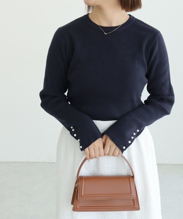 【ピエロ/Pierrot】の選べるデザイン袖ボタンリブニット インテリア・キッズ・メンズ・レディースファッション・服の通販 founy(ファニー) 　ファッション　Fashion　レディースファッション　Fashion for Women　トップス・カットソー　Cut & Sew Tops　ニット　Knit Tops & Sweaters　送料無料　Free Shipping　シンプル　Simple, Minimal　パール　Pearl, Pearl Accent　プチプライス・低価格　Affordable / Budget Price　エレガント 上品　Elegant　150cm / A / ネイビー / クルーネック / M|ID: prp329100003783253 ipo3291000000033578700