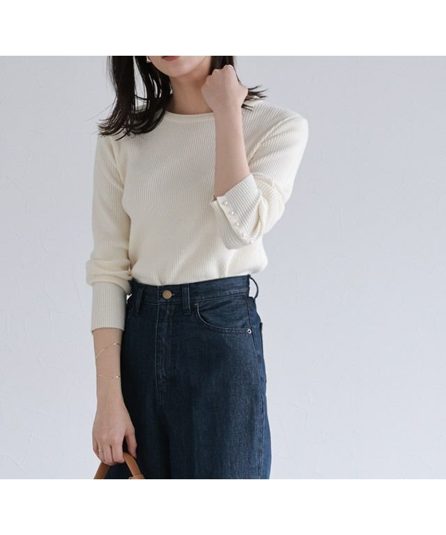 【ピエロ/Pierrot】の選べるデザイン袖ボタンリブニット インテリア・キッズ・メンズ・レディースファッション・服の通販 founy(ファニー) 　ファッション　Fashion　レディースファッション　Fashion for Women　トップス・カットソー　Cut & Sew Tops　ニット　Knit Tops & Sweaters　送料無料　Free Shipping　シンプル　Simple, Minimal　パール　Pearl, Pearl Accent　プチプライス・低価格　Affordable / Budget Price　エレガント 上品　Elegant　167cm / A / アイボリー / クルーネック / M|ID: prp329100003783253 ipo3291000000033578703