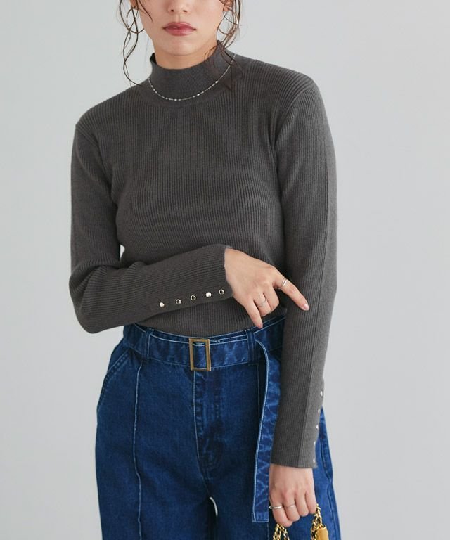 【ピエロ/Pierrot】の選べるデザイン袖ボタンリブニット インテリア・キッズ・メンズ・レディースファッション・服の通販 founy(ファニー) 　ファッション　Fashion　レディースファッション　Fashion for Women　トップス・カットソー　Cut & Sew Tops　ニット　Knit Tops & Sweaters　送料無料　Free Shipping　シンプル　Simple, Minimal　パール　Pearl, Pearl Accent　プチプライス・低価格　Affordable / Budget Price　エレガント 上品　Elegant　167cm / B / チャコール / ハイネック / M|ID: prp329100003783253 ipo3291000000033578713