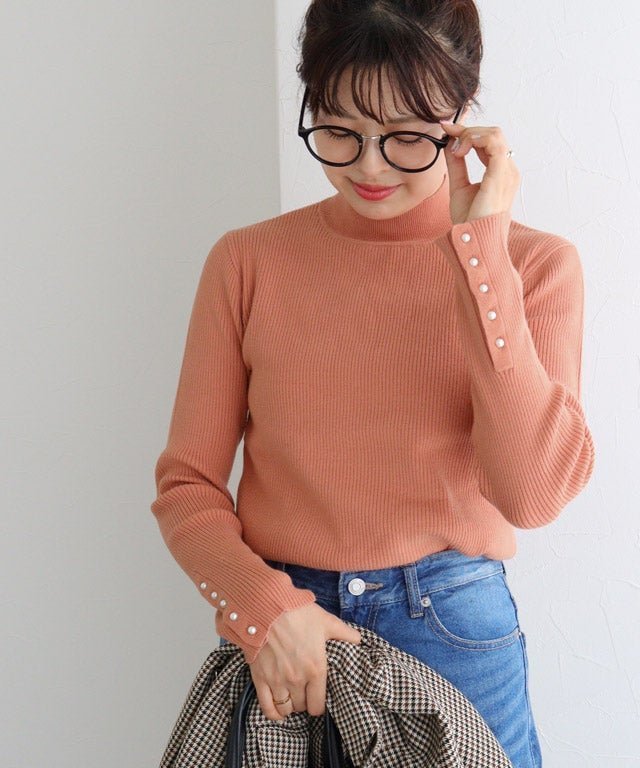 【ピエロ/Pierrot】の選べるデザイン袖ボタンリブニット インテリア・キッズ・メンズ・レディースファッション・服の通販 founy(ファニー) 　ファッション　Fashion　レディースファッション　Fashion for Women　トップス・カットソー　Cut & Sew Tops　ニット　Knit Tops & Sweaters　送料無料　Free Shipping　シンプル　Simple, Minimal　パール　Pearl, Pearl Accent　プチプライス・低価格　Affordable / Budget Price　エレガント 上品　Elegant　157cm / A / オレンジ / ハイネック / M|ID: prp329100003783253 ipo3291000000036043646