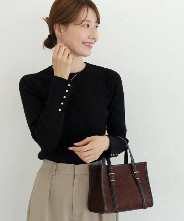 【ピエロ/Pierrot】の選べるデザイン袖ボタンリブニット インテリア・キッズ・メンズ・レディースファッション・服の通販 founy(ファニー) 　ファッション　Fashion　レディースファッション　Fashion for Women　トップス・カットソー　Cut & Sew Tops　ニット　Knit Tops & Sweaters　送料無料　Free Shipping　シンプル　Simple, Minimal　パール　Pearl, Pearl Accent　プチプライス・低価格　Affordable / Budget Price　エレガント 上品　Elegant　163cm / B / ブラック / クルーネック / M|ID: prp329100003783253 ipo3291000000036043654