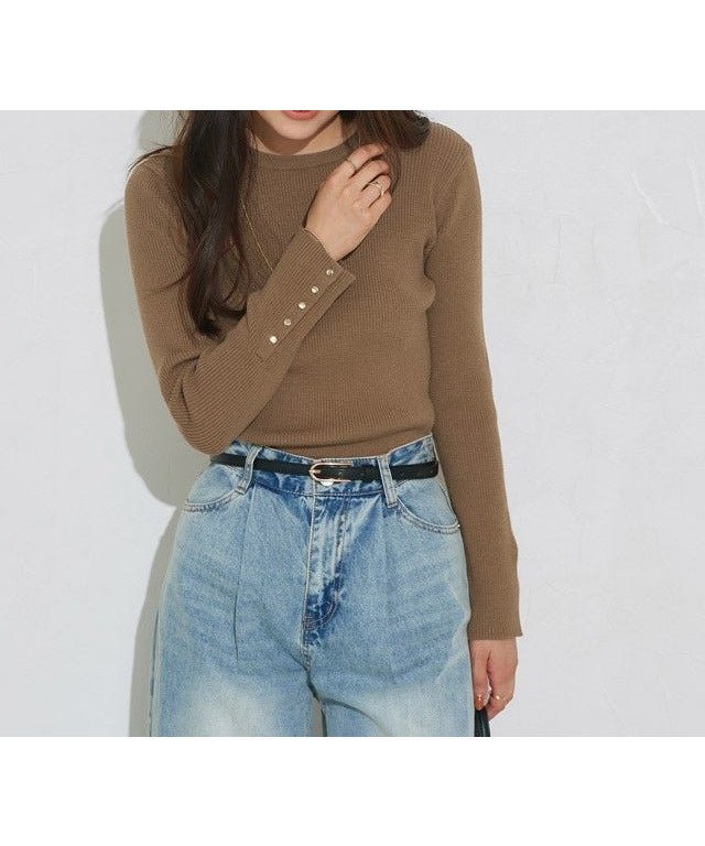 【ピエロ/Pierrot】の選べるデザイン袖ボタンリブニット インテリア・キッズ・メンズ・レディースファッション・服の通販 founy(ファニー) 　ファッション　Fashion　レディースファッション　Fashion for Women　トップス・カットソー　Cut & Sew Tops　ニット　Knit Tops & Sweaters　送料無料　Free Shipping　シンプル　Simple, Minimal　パール　Pearl, Pearl Accent　プチプライス・低価格　Affordable / Budget Price　エレガント 上品　Elegant　166cm / B / キャメル / クルーネック / M|ID: prp329100003783253 ipo3291000000036043667