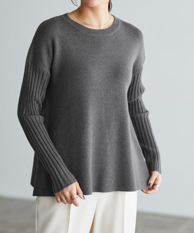 【ピエロ/Pierrot】の【アウトレットSALE!】袖リブAラインニット インテリア・キッズ・メンズ・レディースファッション・服の通販 founy(ファニー) 　ファッション　Fashion　レディースファッション　WOMEN　トップス・カットソー　Tops/Tshirt　ニット　Knit Tops　アウトレット　Outlet　フレア　Flare　プチプライス・低価格　Affordable　チャコール|ID: prp329100003783294 ipo3291000000024897583