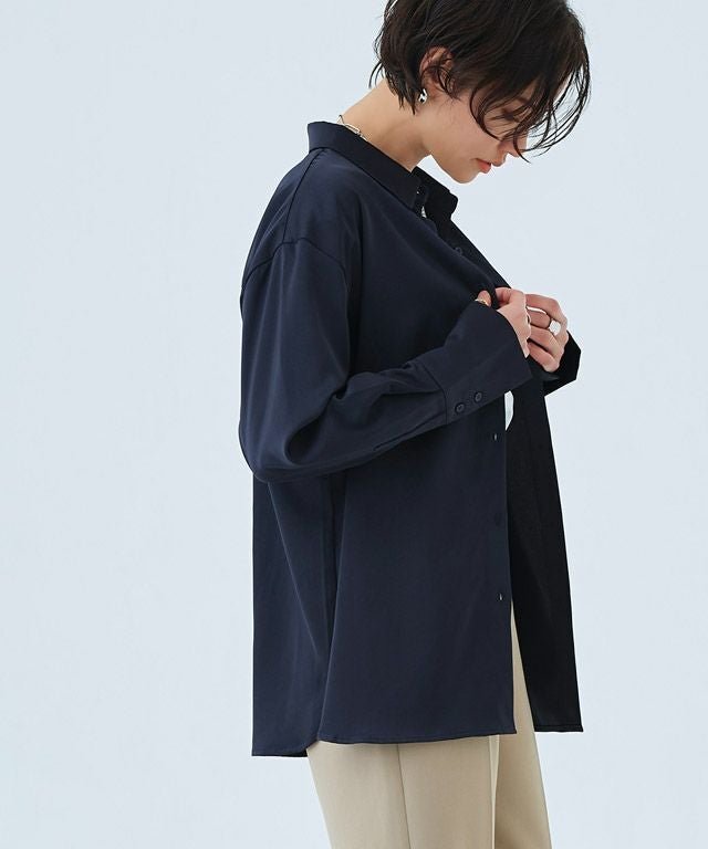 【ピエロ/Pierrot】のRASW サテンベーシックシャツ インテリア・キッズ・メンズ・レディースファッション・服の通販 founy(ファニー) 　ファッション　Fashion　レディースファッション　Fashion for Women　トップス・カットソー　Cut & Sew Tops　シャツ・ブラウス・オフィスカジュアル　Elegant Blouses & Button-Ups　カフス　Cuff Design　サテン　Satin, Glossy Fabric　シンプル　Simple, Minimal　プチプライス・低価格　Affordable / Budget Price　ベーシック　Basic, Essential　ラウンド　Round, Round Neck　ロング　Long, Long-Length　ネイビー|ID: prp329100003783314 ipo3291000000036040302