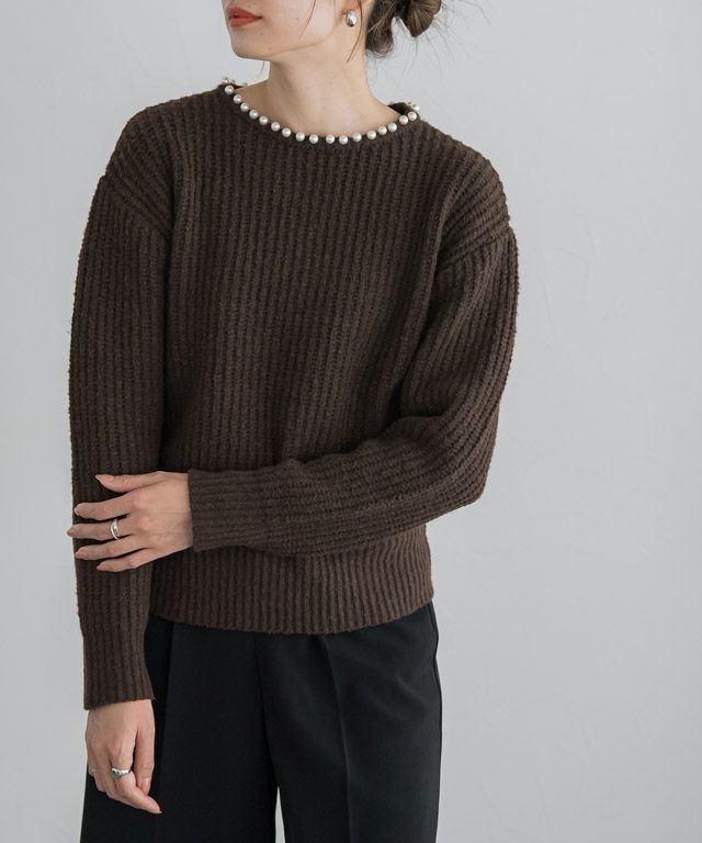 【ピエロ/Pierrot】のパールネックニット インテリア・キッズ・メンズ・レディースファッション・服の通販 founy(ファニー) ファッション Fashion レディースファッション Fashion for Women トップス・カットソー Cut & Sew Tops ニット Knit Tops & Sweaters パール Pearl, Pearl Accent プチプライス・低価格 Affordable / Budget Price 畦 Ribbed Knit ブラウン|ID: prp329100003783400 ipo3291000000024897979